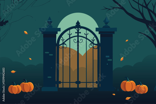 Witch hat and autumn pumpkin in a harvested field at dusk vector illustration