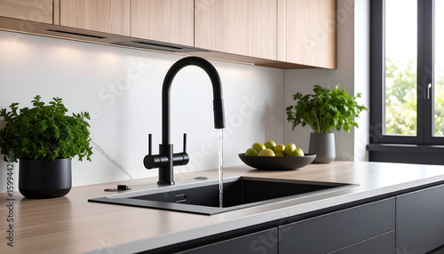 Modern kitchen faucet with running water.