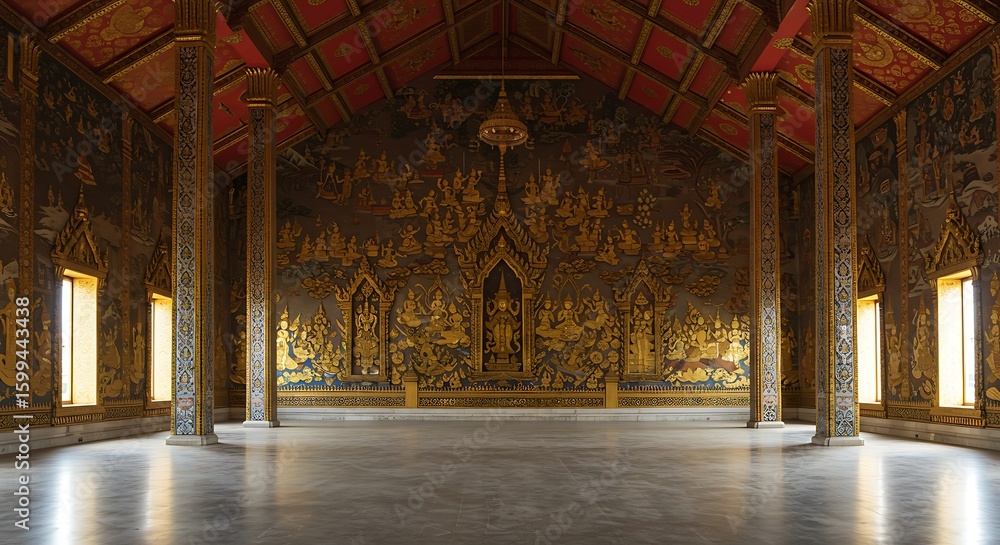Obraz premium Empty room with Decorative golden mosaic on the wall of Thai temple
