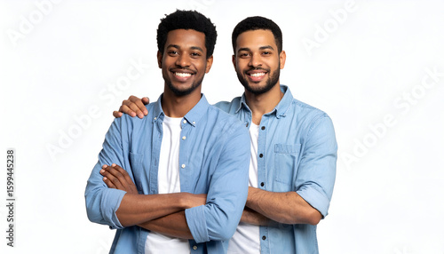 Happy twin brothers studio portrait.