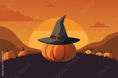 A spooky haunted house at dusk with glowing jack o lanterns vector illustration