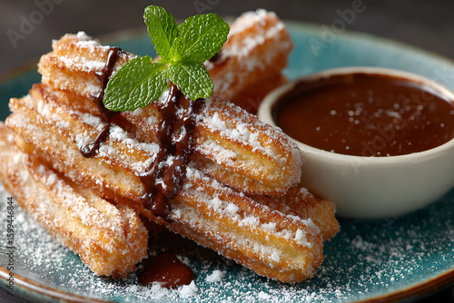 Chocolate churros dessert close-up, sugar dusted fried pastry sticks with mint garnish and dipping sauce, food photography png