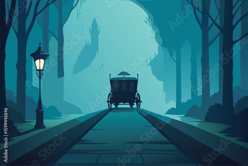 A suburban street with decorated houses pumpkins and Halloween lights vector illustration