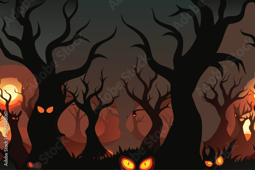 Scarecrow standing in a spooky pumpkin field at twilight vector illustration