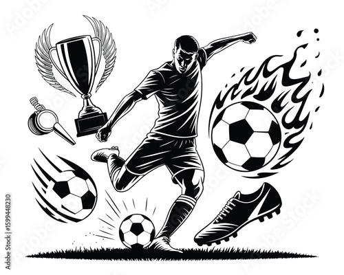 Black and White Soccer Illustration Featuring Player in Action with Balls, Trophy, Whistle, and Cleats  