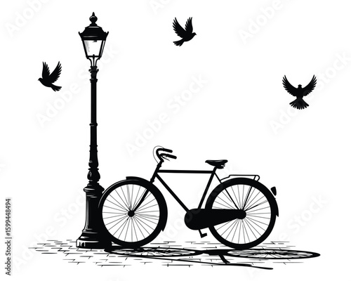 Traditional Bicycle Against Decorative Lamp Post with Dove Silhouettes in Black and White Art