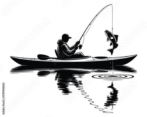 Minimalist Vector of Fisherman in Kayak Catching Fish with Rod and Water Ripples  