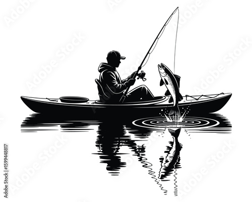 Silhouette of Man Fishing from Kayak with Reflected Scene and Jumping Fish on White Background  
