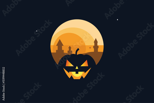 Haunted red barn lit by moonlight and flying bats around vector illustration