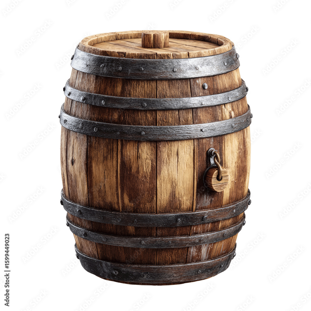 Fototapeta premium Vintage Wooden Barrel with Metal Bands and Spigot