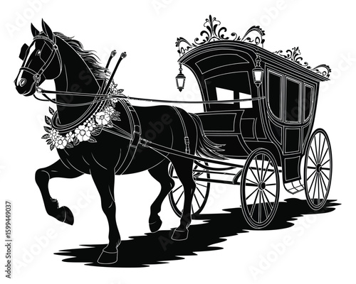 Majestic Horse in Motion Pulling Victorian Carriage with Detailed Trim and High Contrast Design