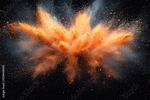 Abstract explosion of orange and brown powder on black background
