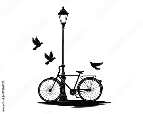 Minimalist Vector of Bicycle and Ornate Street Lamp with Three Flying Doves on White Background  