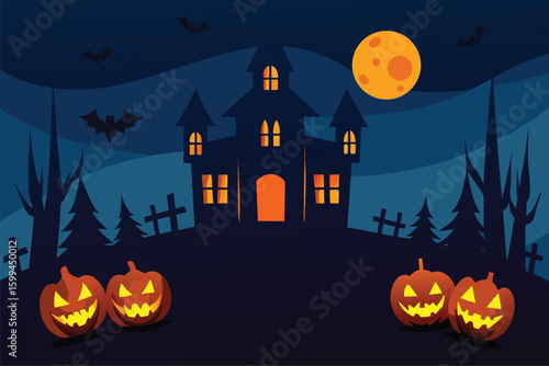 Witchs broom next to glowing lantern in dark magical forest vector illustration