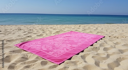 Pink Beach Towel on Sandy Shore