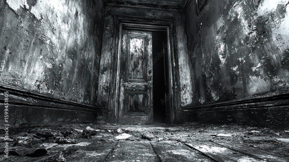 Obraz premium Haunted House: A Black and White Exploration of Decay and Mystery
