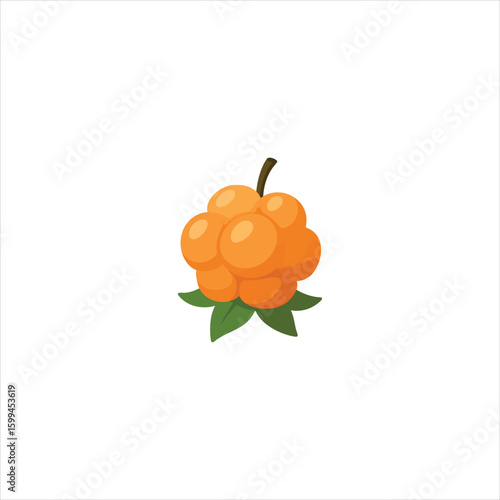 Illustration of a single ripe cloudberry with green leaves isolated on white background