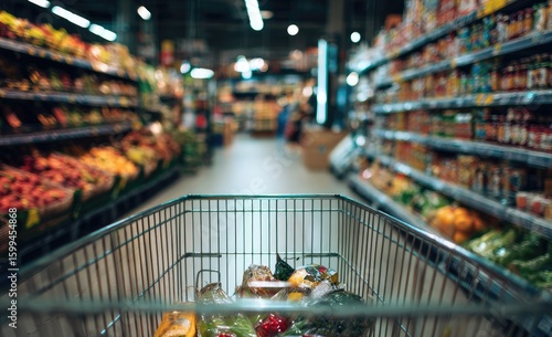 Grocery store interior, shopping cart full