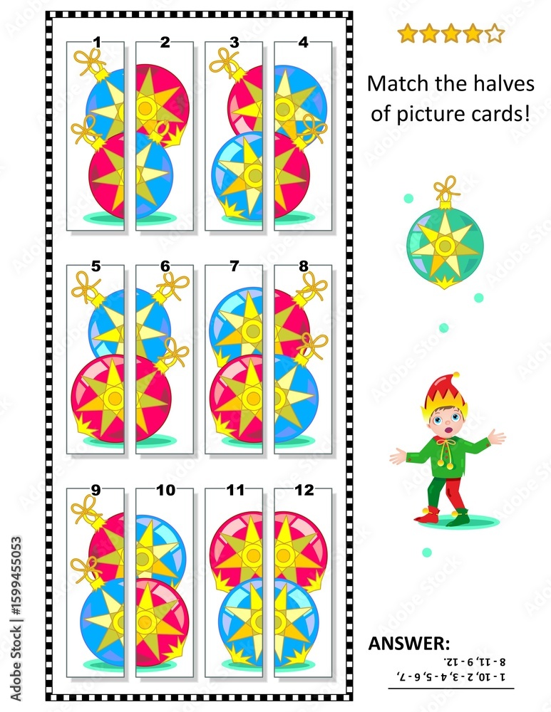 Fototapeta premium Match the halves puzzle. Coincide pictures to make cards with beautiful ornaments. Winter, Christmas, New Year game, activity. Answer included. 