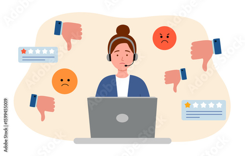 Call center operator with negative feedback, dislike or bad customer review rating, handle complaint or angry opinion. Businesswoman response to negative feedback.