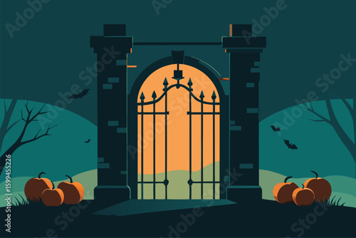 Ghostly horse carriage rolling through foggy Halloween road vector illustration