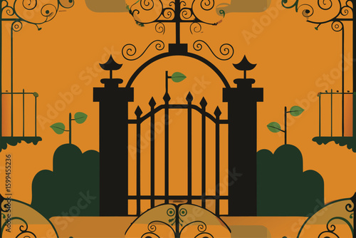 Witch hat and autumn pumpkin in a harvested field at dusk vector illustration
