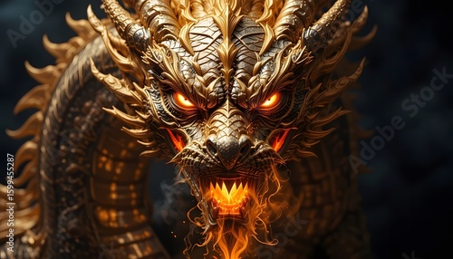 Ancient golden metal dragon head on black background