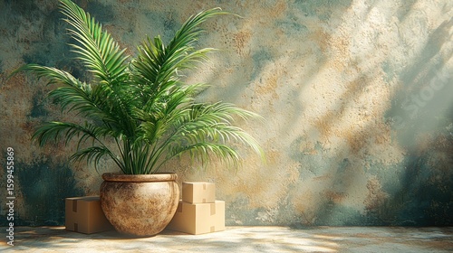 Serene Indoor Oasis: Palm Plant and Cardboard Boxes Against a Rustic Wall
