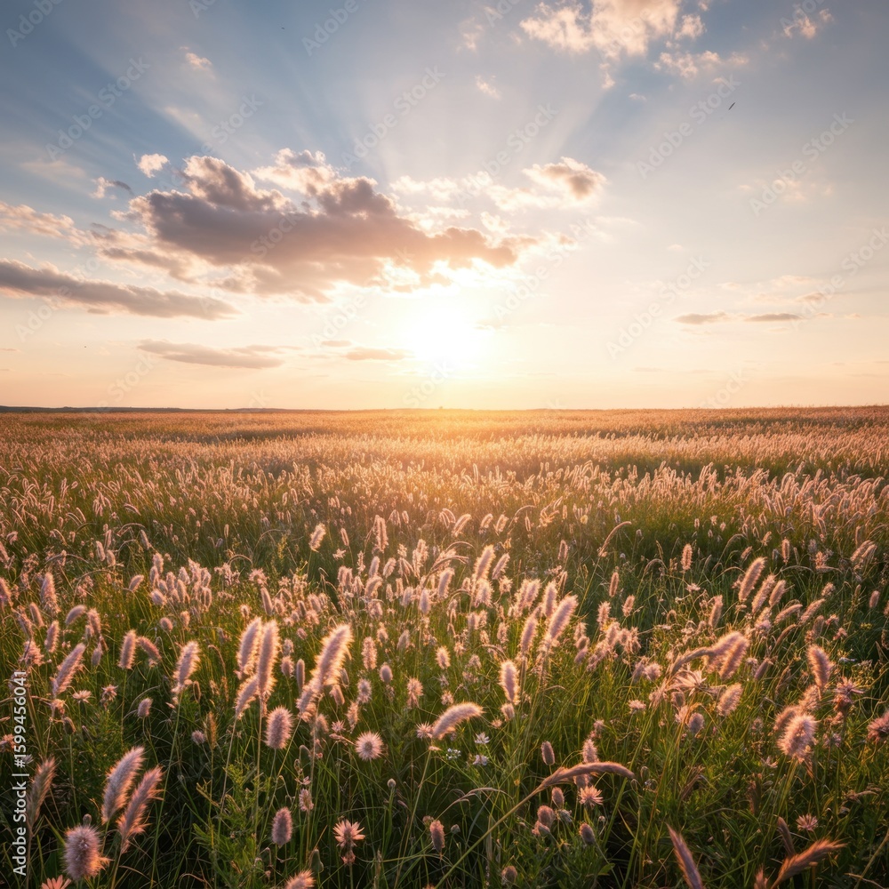 Obraz premium Sunset over a Serene Field of Grass