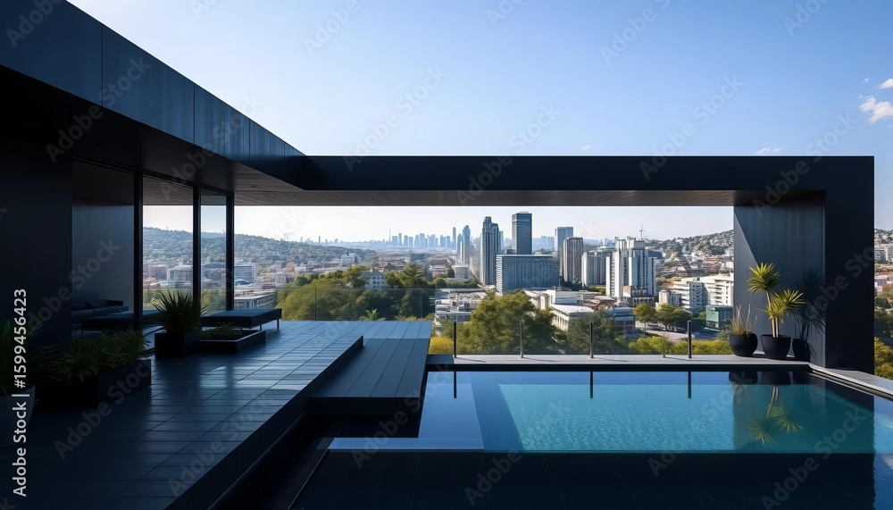 Fototapeta premium Sleek black modern house with expansive terrace overlooking cityscape, night, concrete