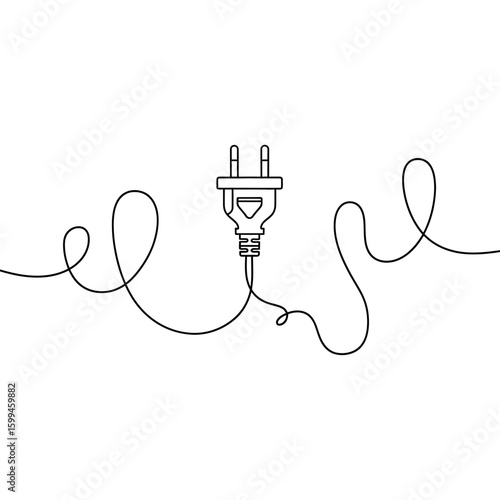 A minimalist line drawing of an electrical plug with a long winding cord on a white background space