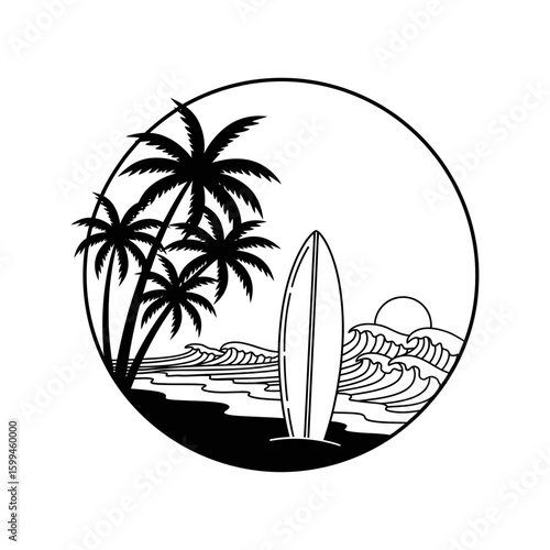 A black and white line art illustration of a beach scene with a surfboard and palm trees inside a circle
