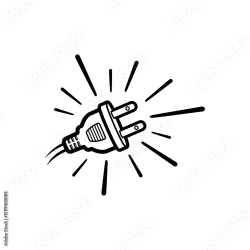 Illustration of a two pronged electrical plug with radiating lines on a white background drawing style