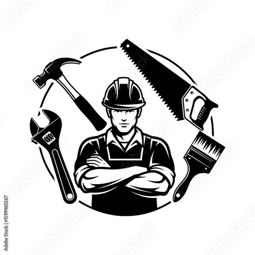 Illustration of a construction worker with tools hammer wrench saw and paint brush in black and white
