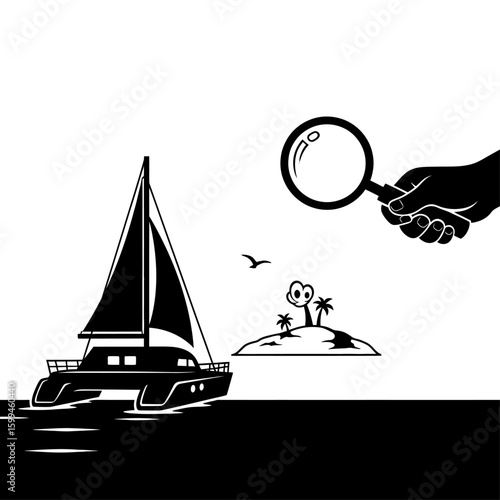 Black and white illustration of a sailboat near an island being viewed with a magnifying glass held by a hand