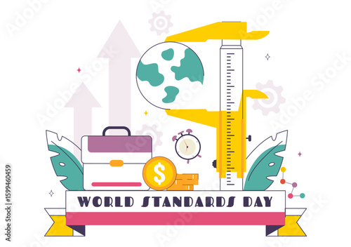World Standards Day Vector Illustration on October 14 featuring a Globe, Stopwatch, Ruler Scale, and Quality Board in a Flat Style Cartoon Background