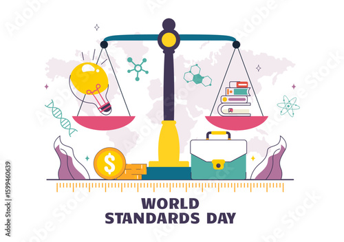 World Standards Day Vector Illustration on October 14 featuring a Globe, Stopwatch, Ruler Scale, and Quality Board in a Flat Style Cartoon Background