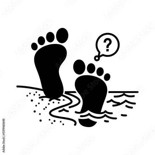 Footprints on the beach with a question mark bubble above one foot indicating a mystery or uncertainty