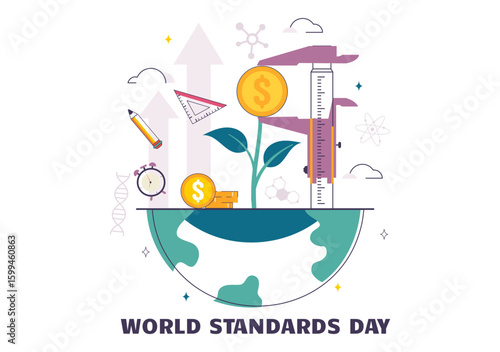 World Standards Day Vector Illustration on October 14 featuring a Globe, Stopwatch, Ruler Scale, and Quality Board in a Flat Style Cartoon Background