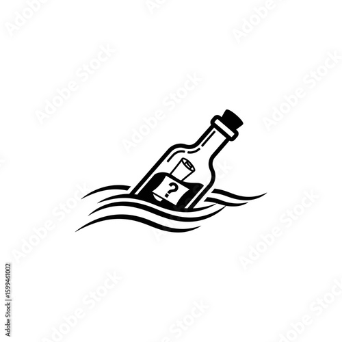 A black and white graphic of a bottle floating in water with a message and question mark inside it
