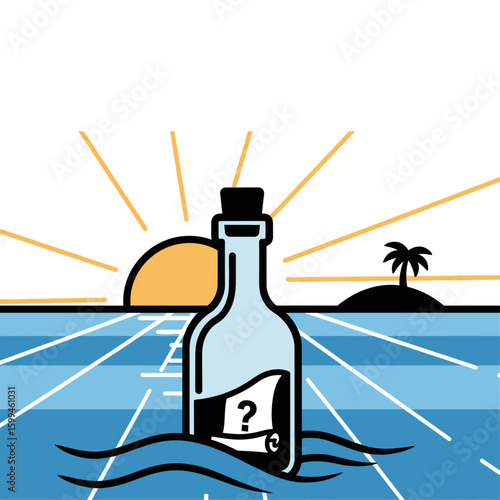 A message in a bottle floating on the ocean with a tropical island and sunset in the background scene