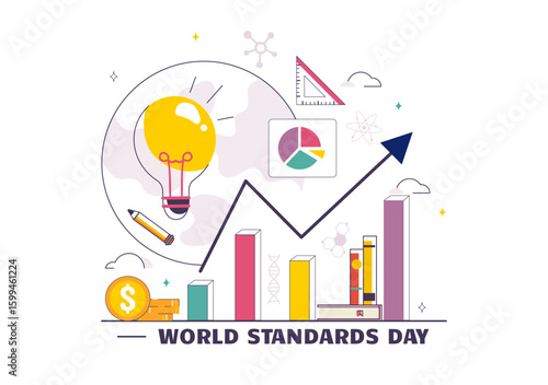 World Standards Day Vector Illustration on October 14 featuring a Globe, Stopwatch, Ruler Scale, and Quality Board in a Flat Style Cartoon Background