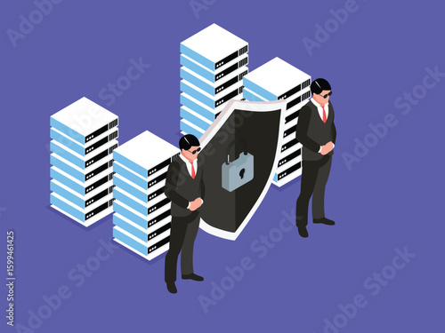 Data Center Security and Cybersecurity Protection 3d isometric vector illustration