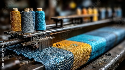 Close-up view of colorful threads on an antique loom.