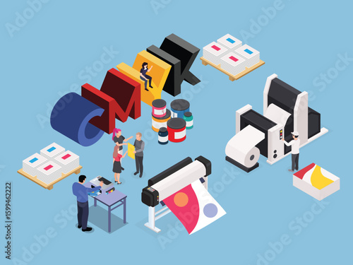 Printing Industry with CMYK Colors and Print Production Process 3d isometric vector illustration