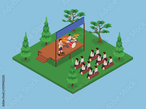 Outdoor Concert with Band Performing and Audience on Log Seats 3d isometric vector illustration