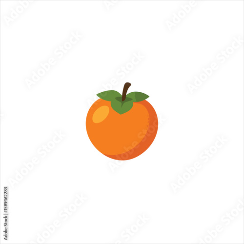 Vibrant orange persimmon fruit with green leaves isolated on white background