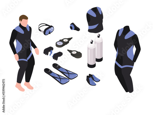 Scuba Diving Equipment and Diver's Gear Set 3d isometric vector illustration