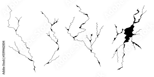 Hand drawn cracked wall, ground, glass, egg. doodle break set. vector illustration