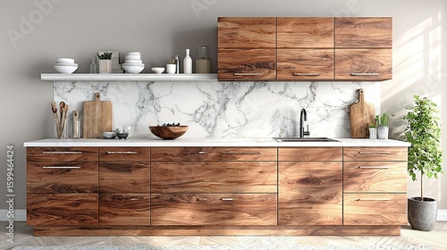 Modern kitchen with wooden cabinetry and marble backsplash.